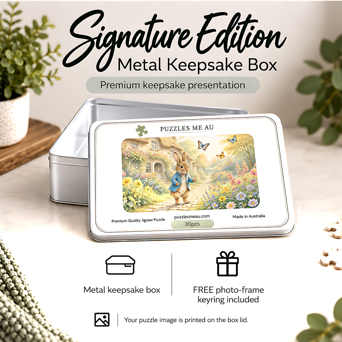 Vintage Cottage Garden Rabbit wooden puzzle 30 pieces - Signature Edition metal keepsake box with free photo-frame keyring - gift ready - Puzzles Me AU