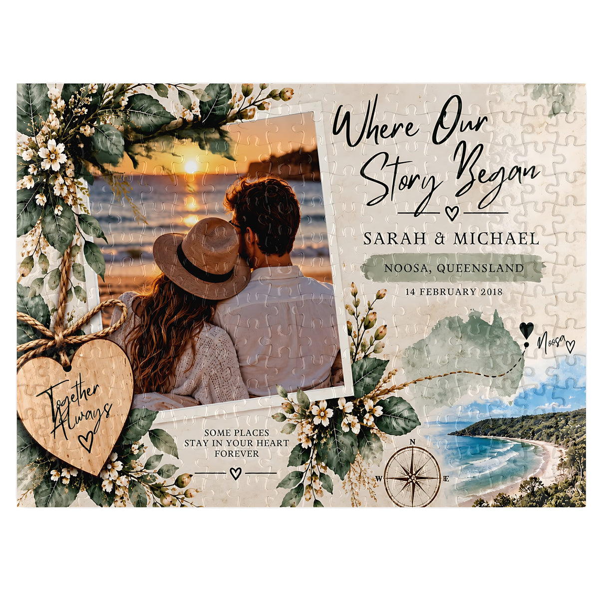 Close-up of the Where Our Story Began personalised jigsaw puzzle featuring a couple's photo, names, special date, Noosa location, map and floral design.
