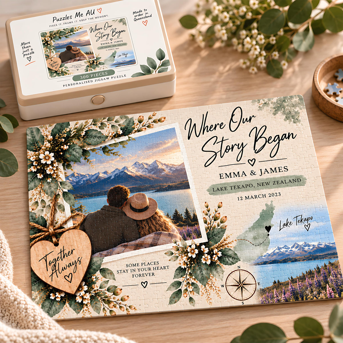 Where Our Story Began personalised photo jigsaw puzzle featuring Emma and James, their special date and Lake Tekapo, New Zealand location, displayed with matching presentation box.