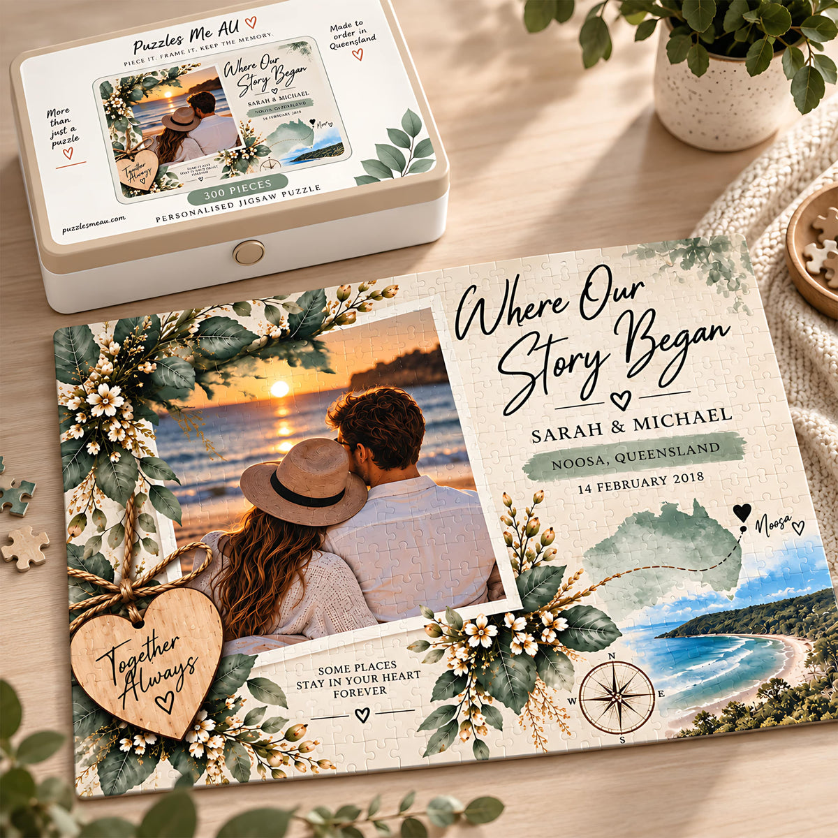 Where Our Story Began personalised photo jigsaw puzzle featuring Sarah and Michael, their special date and Noosa, Queensland location, displayed with matching presentation box.
