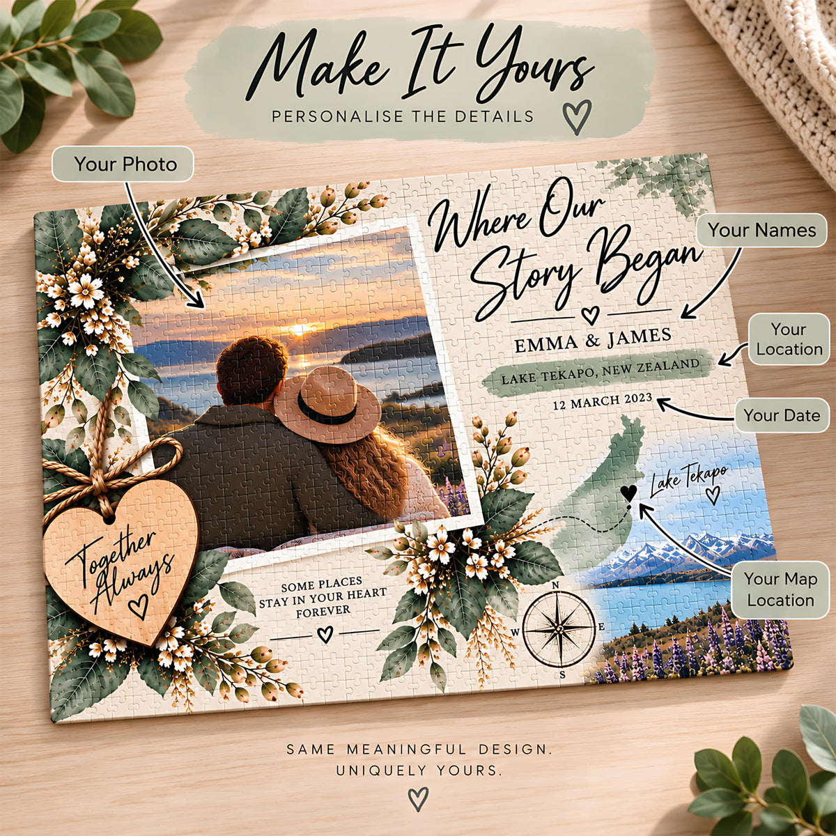 Where Our Story Began personalised puzzle showing customisable photo, names, location, special date and map location.