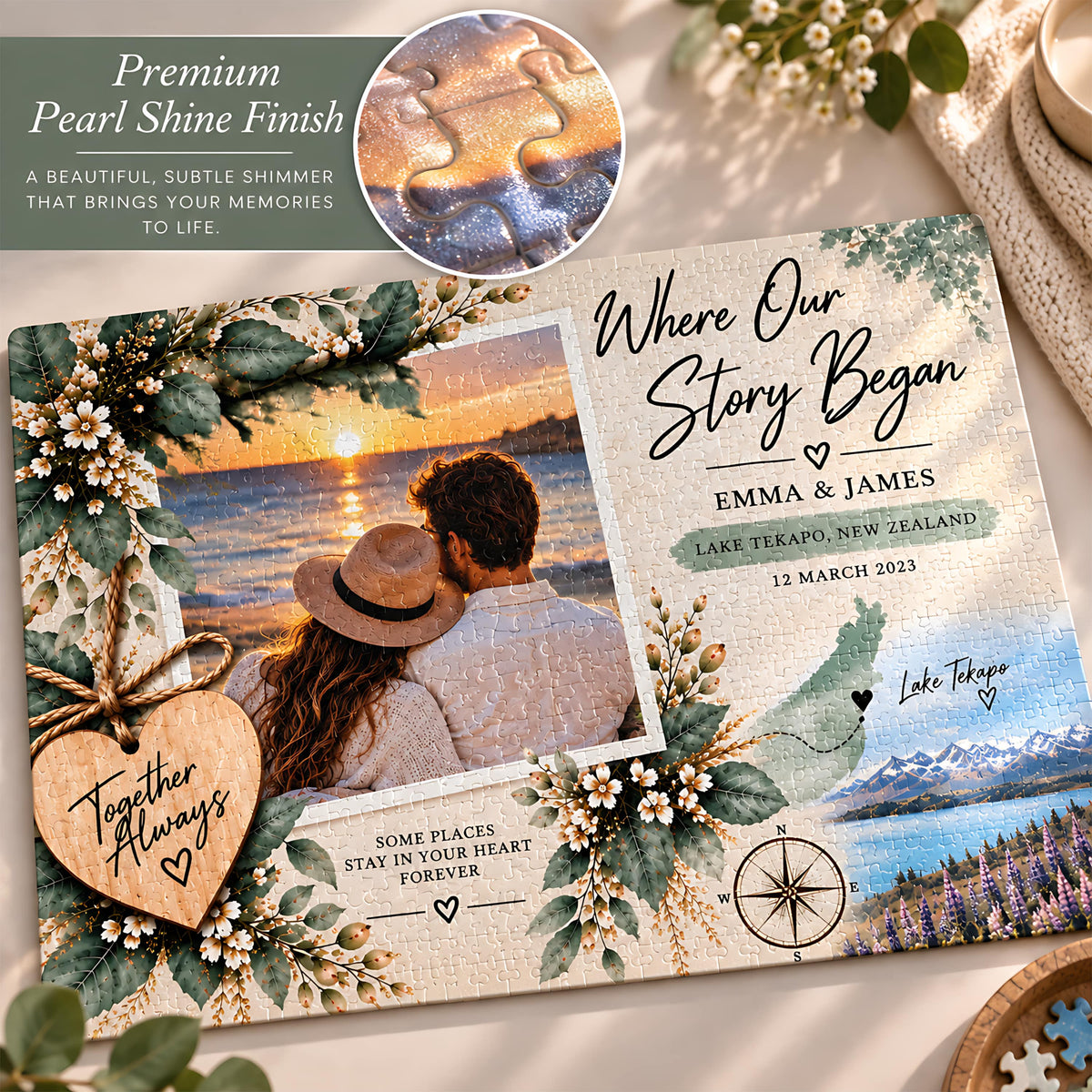 Where Our Story Began personalised photo jigsaw puzzle showing the Premium Pearl Shine finish with a close-up of the subtle shimmer on the puzzle pieces.